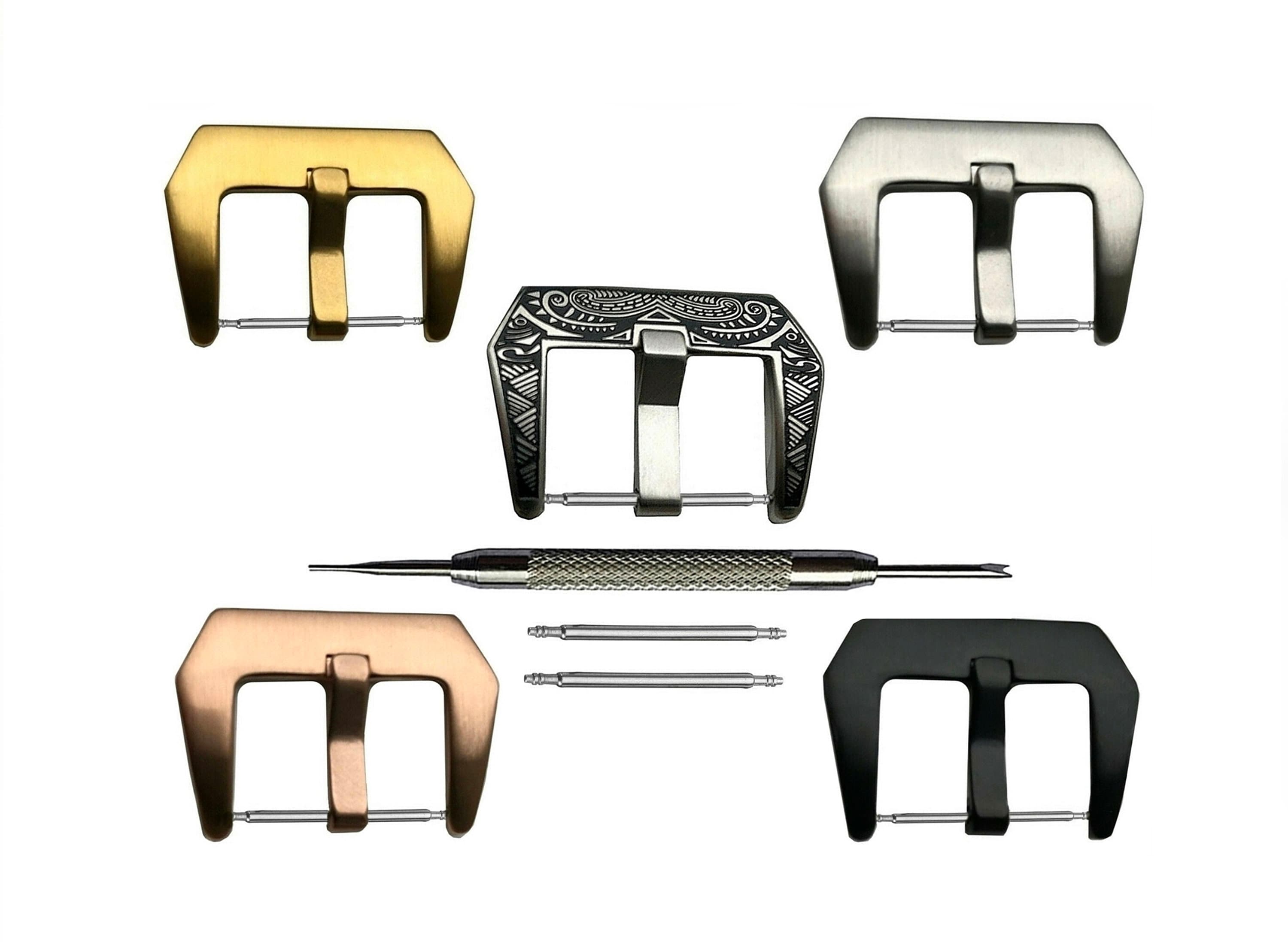 4pcs Set Wide Buckles for 18mm 20mm 22mm 24mm Watch Straps Bands Stainless Steel Kit Engraved Silver Black Rose Gold Finish - Pins Tool